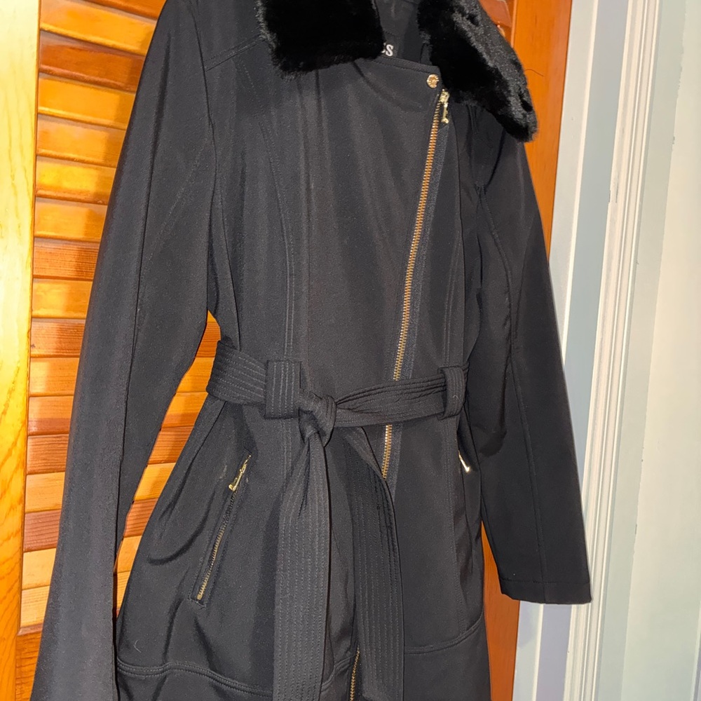GUESS Long Black Winter Coat – Faux Fur Collar, Belted- womens size - Picture 2 of 10